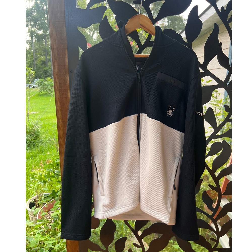 Spyder Mens Full Zip Waffle Knit Fleece Jacket Black White Colorblock Large